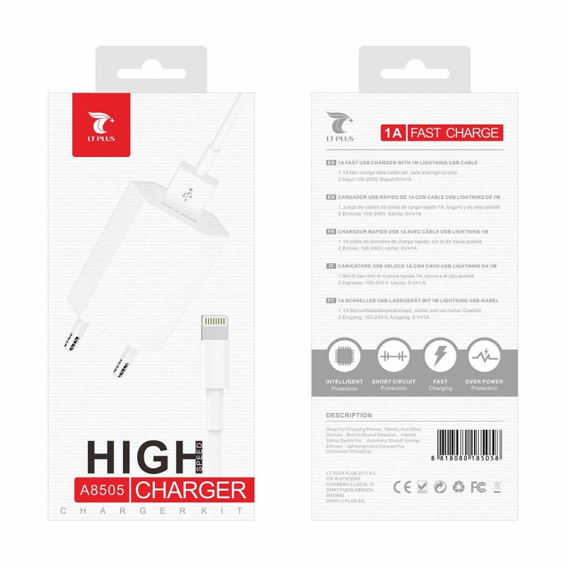 LT PLUS A8505 ALTA CALIDAD CARGADOR CON LIGHTNING USB 1A