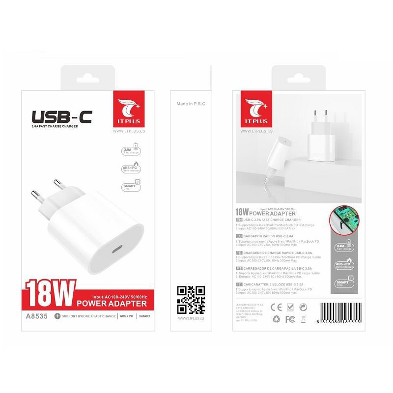 CARGADOR RÁPIDO USB C BLANCO QC 3.0A 18W BLANCO LT A8535