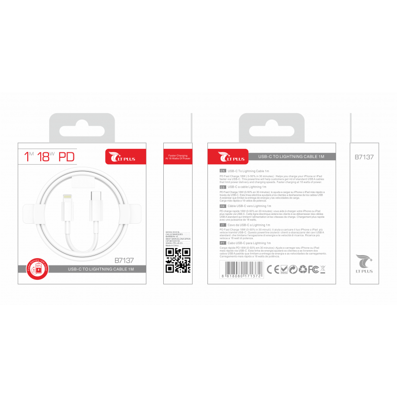 CABLE USB-C TO LIGHTNING 1M BLANCO LT B7137